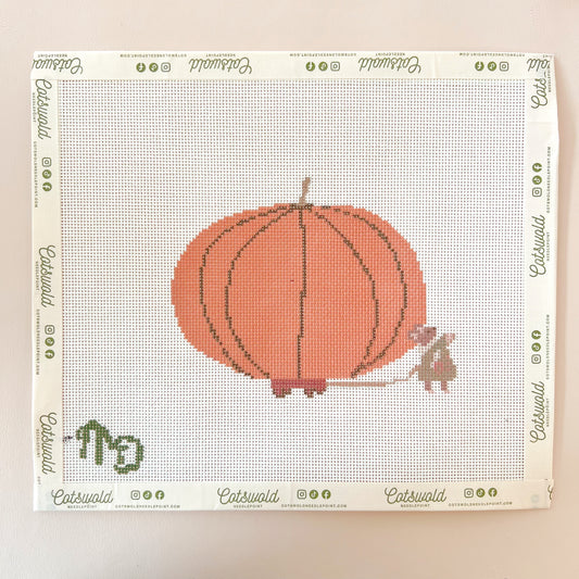 Little Mouse, Big Orange Pumpkin Fall Needlepoint Canvas, 18 Mesh