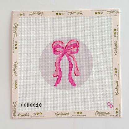 Bow Coquette Christmas Ornament Needlepoint Canvas, Hand Painted Needlepoint Ornament Canvas, Bow Needlepoint Canvas 18 mesh 4" Round