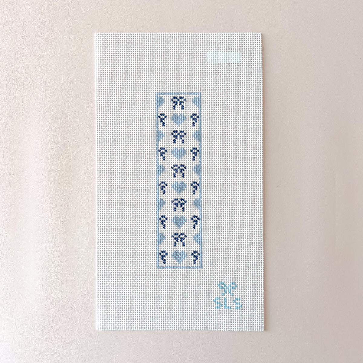 Blue Heart and Bows Bookmark Needlepoint Canvas, 13 Mesh,  6.3" x 1.6" Design Size