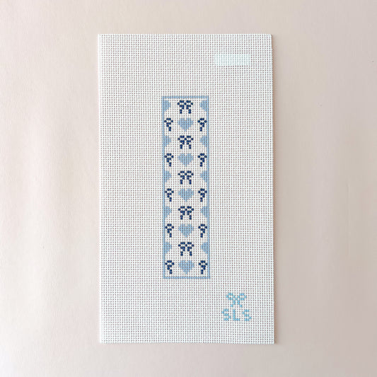 Blue Heart and Bows Bookmark Needlepoint Canvas, 13 Mesh,  6.3" x 1.6" Design Size