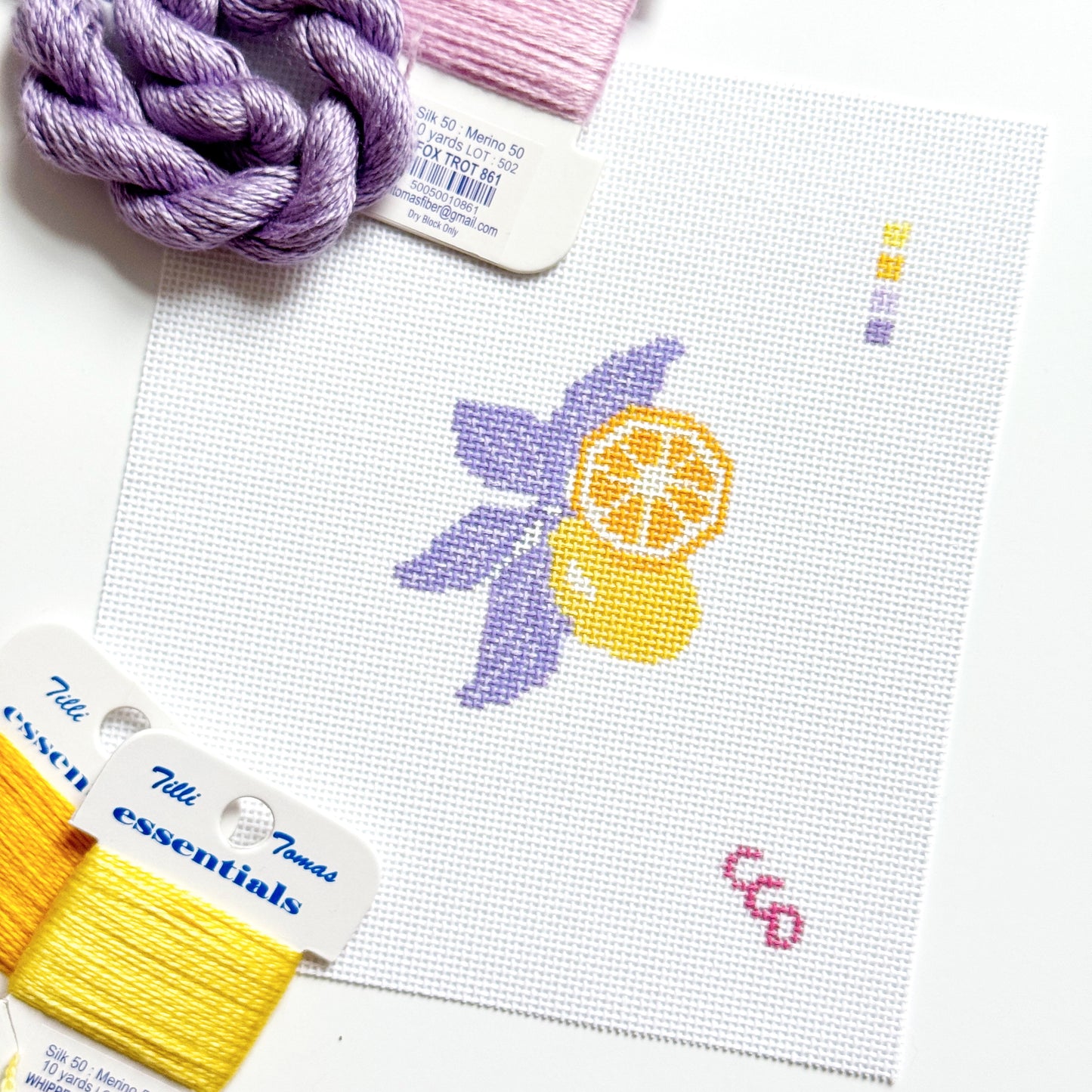 Lavender Lemon Needlepoint Canvas & Optional Thread Kit | 4″ Citrus Mini on 18-Mesh