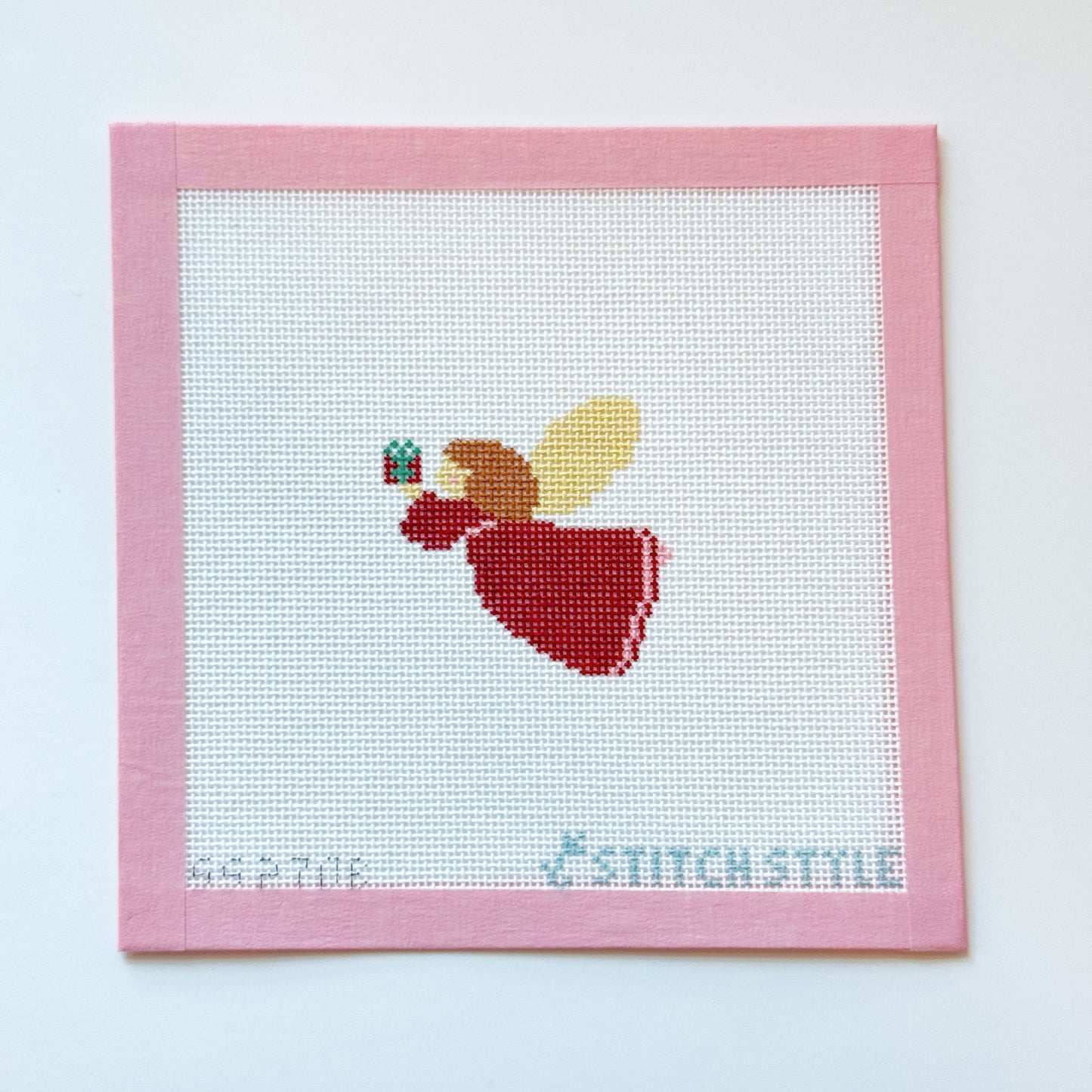 Mini Angel with Present Needlepoint Canvas, Angel Christmas Needlepoint Canvas, 18 Mesh, 3x3 Design