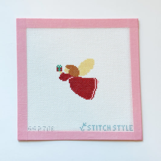 Mini Angel with Present Needlepoint Canvas, Angel Christmas Needlepoint Canvas, 18 Mesh, 3x3 Design