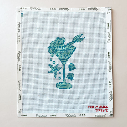 Frilly Lillies Blue Mermaid in a Martini Glass Needlepoint Canvas, 18 Mesh, 5.6 X 7 Design