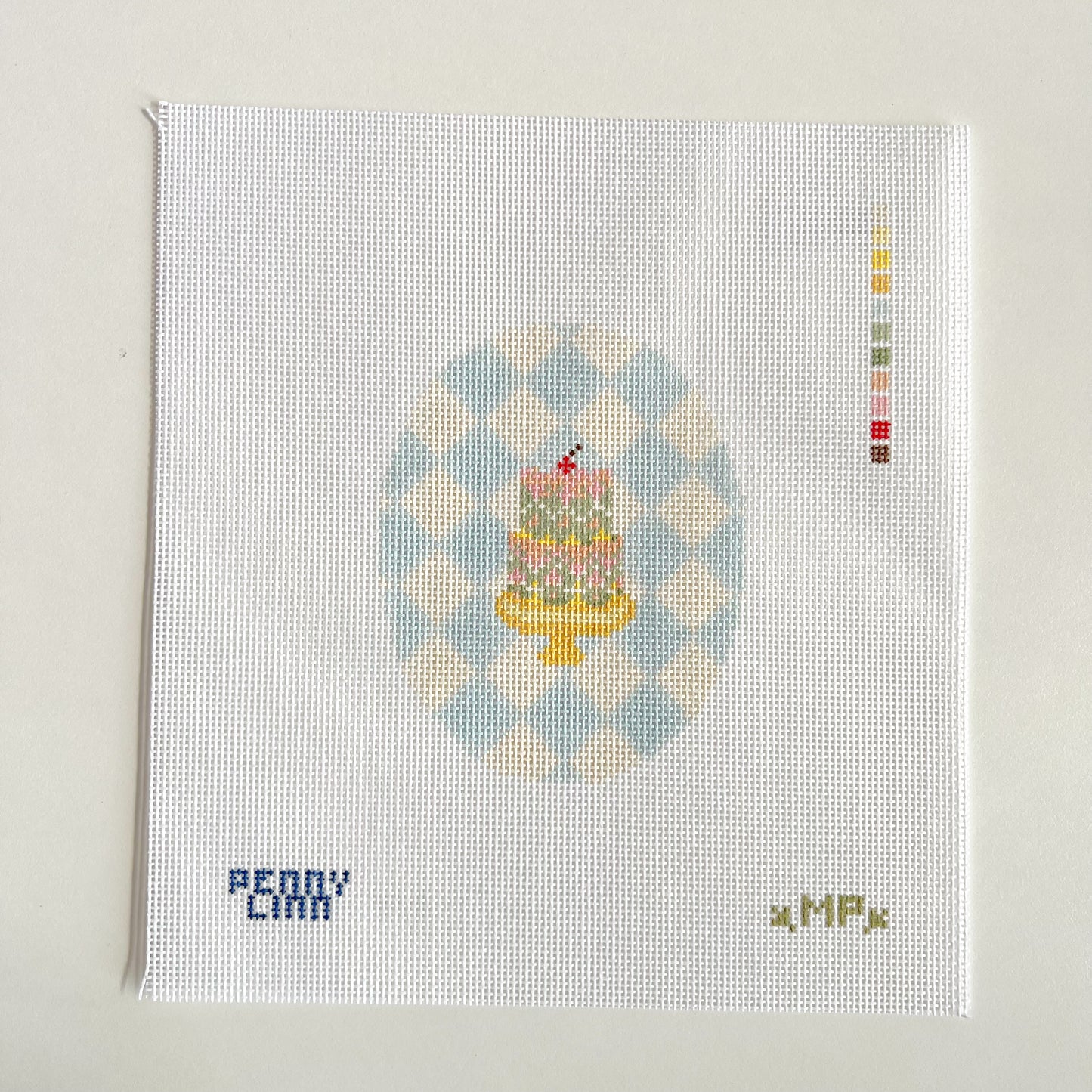 Marie Antionette Cake with Blue Checkered Background Needlepoint Canvas, 18 Mesh, 4.2" x 3.3" Design Size