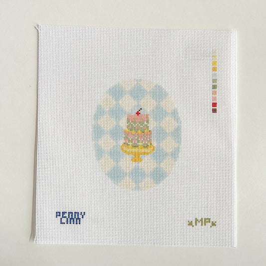 Marie Antionette Cake with Blue Checkered Background Needlepoint Canvas, 18 Mesh, 4.2" x 3.3" Design Size