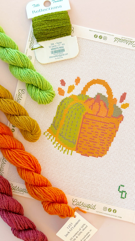 Fall Basket Pumpkin Needlepoint Canvas, 18 Mesh, 3.5x3.5 Design