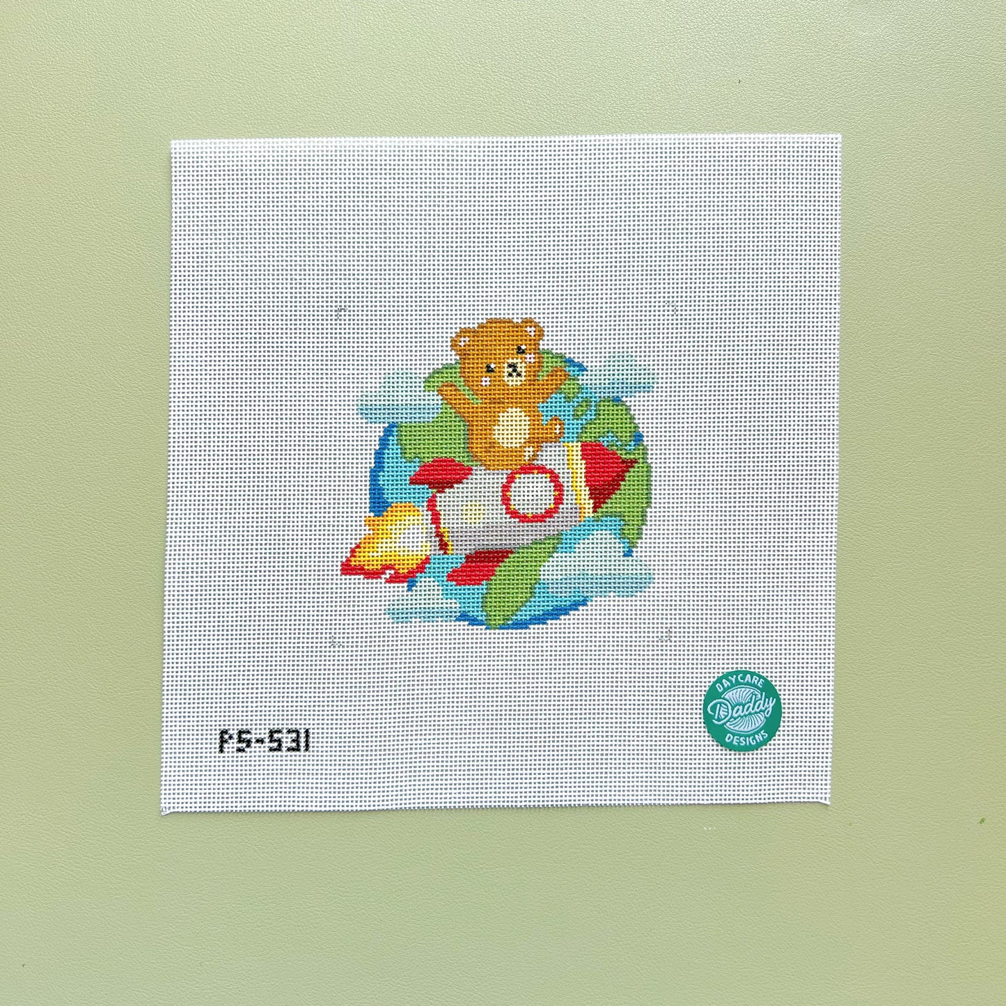 Rocket bear Over Earth Needlepoint Canvas, 18 Mesh, 4"x4" Design Size