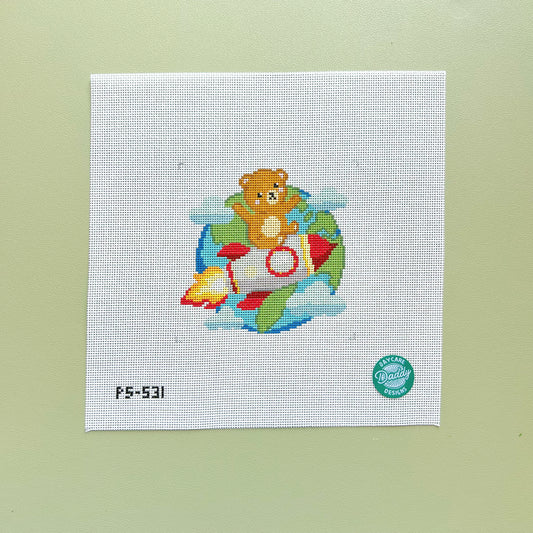 Rocket bear Over Earth Needlepoint Canvas, 18 Mesh, 4"x4" Design Size