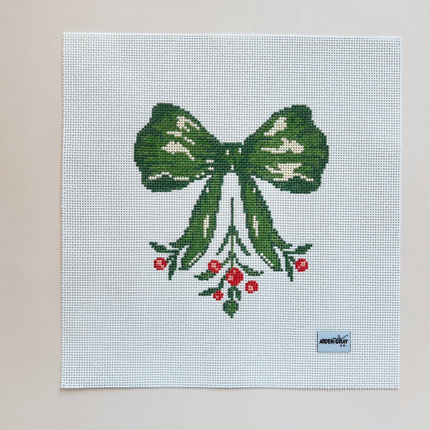Big Green Christmas Bow Needlepoint Canvas, 13 Mesh, 4.5"x5" Design Size