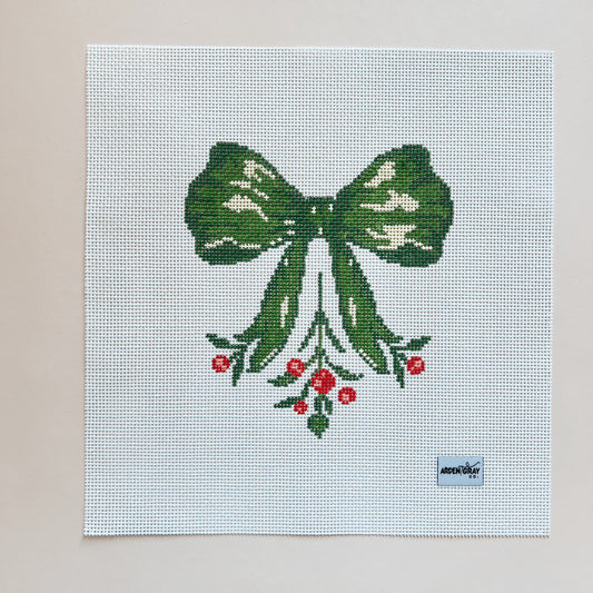 Big Green Christmas Bow Needlepoint Canvas, 13 Mesh, 4.5"x5" Design Size