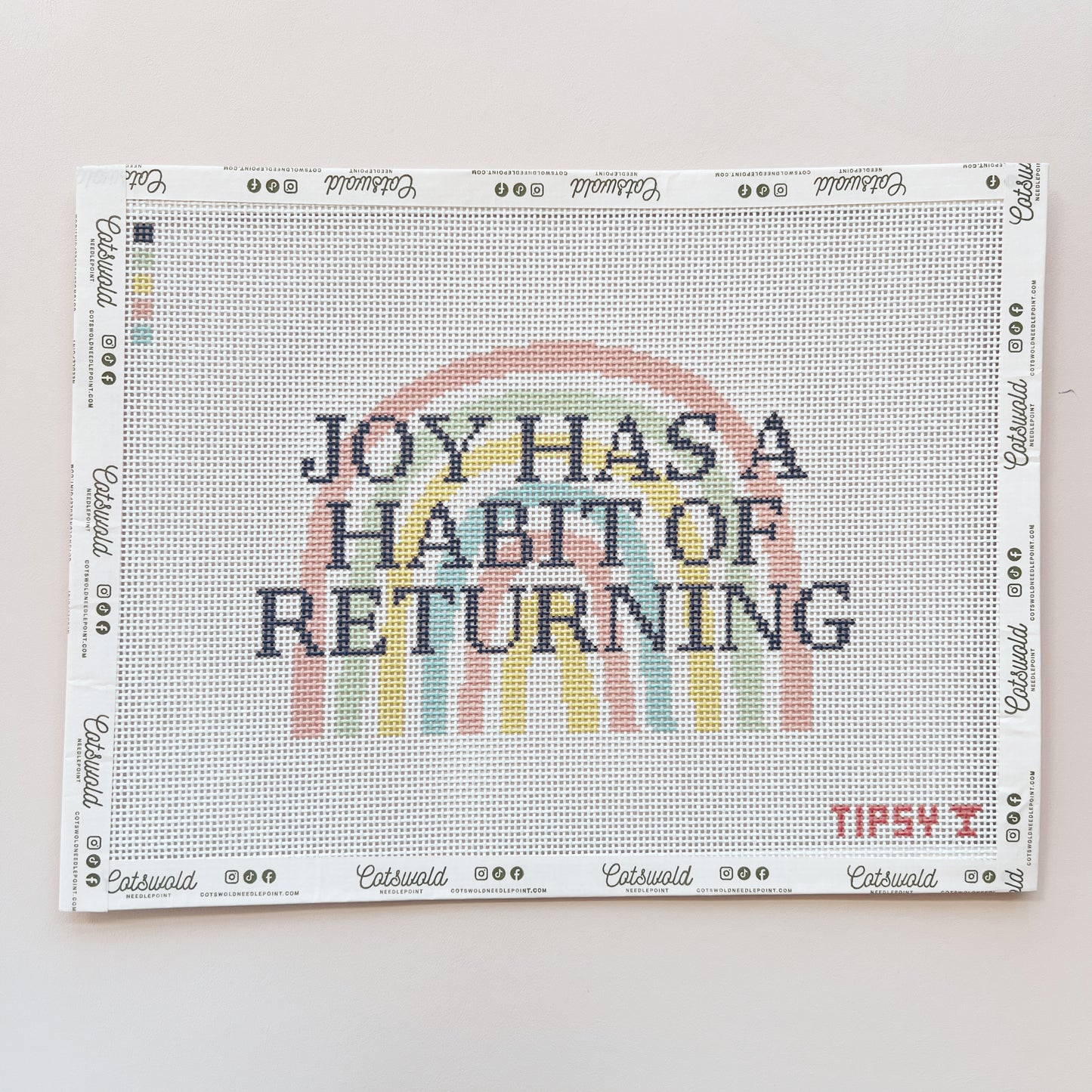 Joy Has A Habit Of Returning Rainbow Needlepoint Canvas, 13 Mesh, 8"x5" Design Size