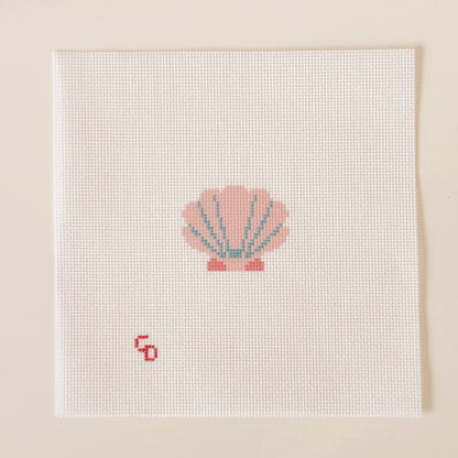 Mini Pink Seashell Stamp Needlepoint Canvas | Hand-Painted 18 Mesh Canvas, Seashell Needlepoint Canvas, Bag Charm Needlepoint Canvas