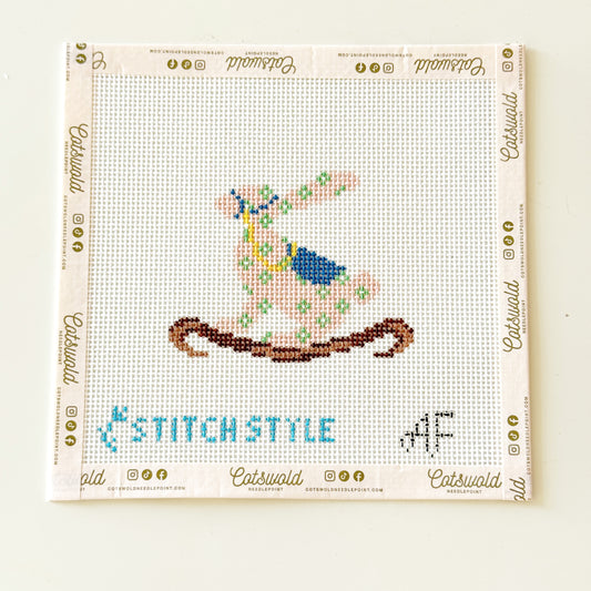 Rocking Bunny Blue Floral Children Needlepoint Canvas, Nursery Needlepoint Canvas, 13 mesh, 4x3 Design