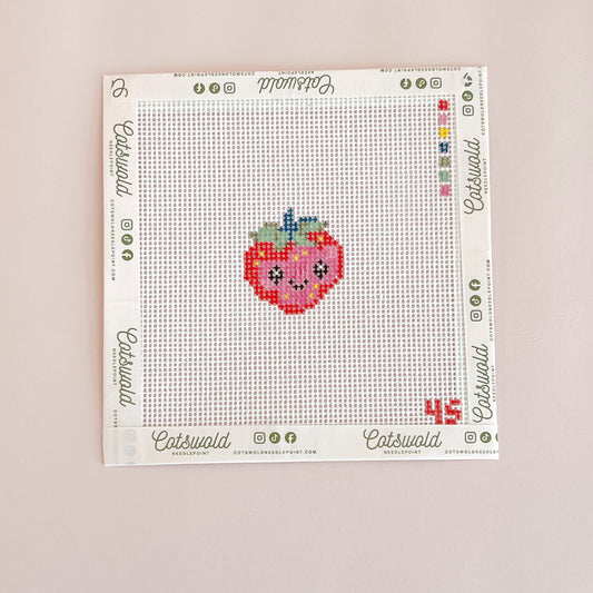 Small Happy Face Strawberry Needlepoint Canvas, 14 Mesh, 1.25"x1.5" Design Size