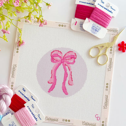Bow Coquette Christmas Ornament Needlepoint Canvas, Hand Painted Needlepoint Ornament Canvas, Bow Needlepoint Canvas 18 mesh 4" Round
