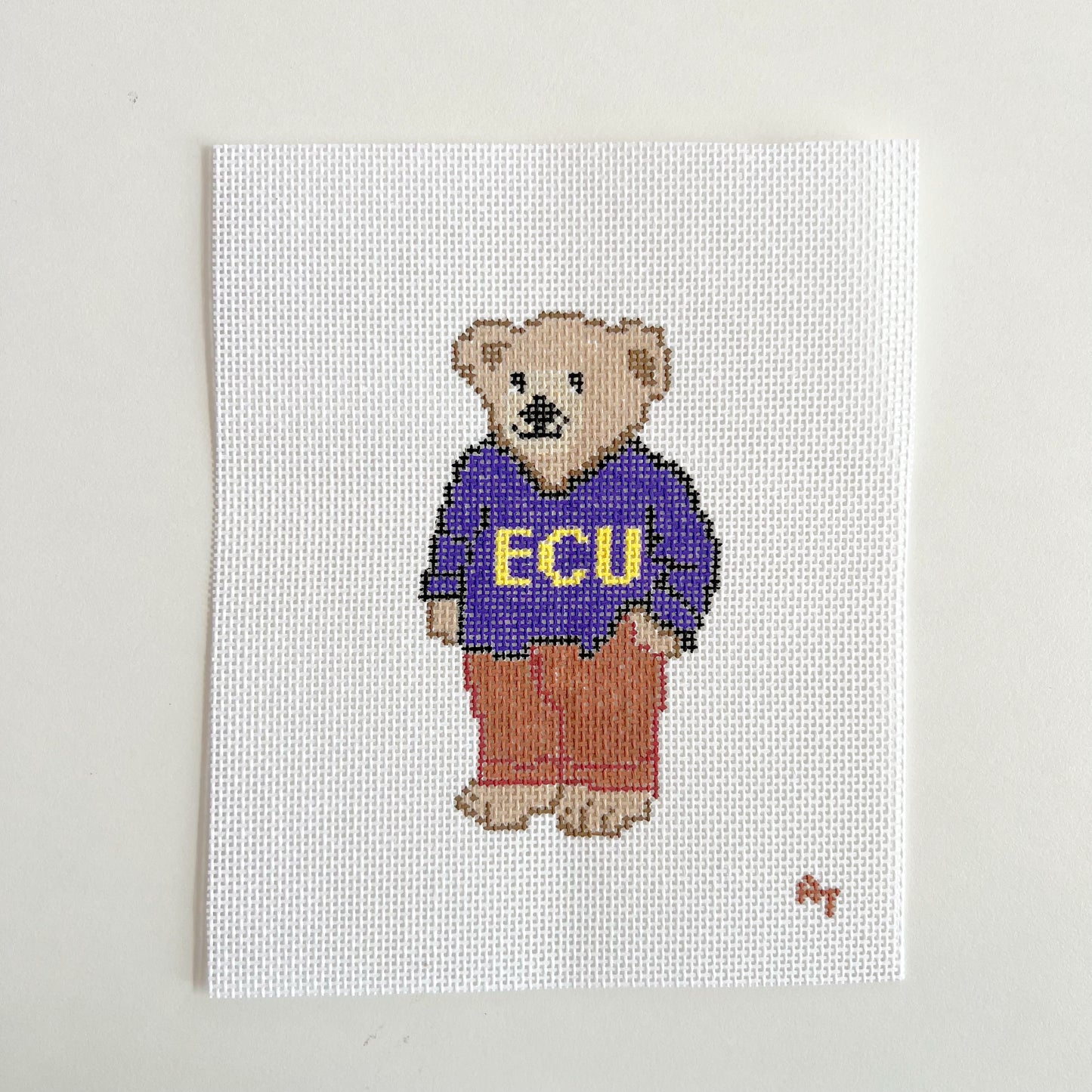 Eastern Purple and Yellow College Sweater Bear Needlepoint Canvas, 18 Mesh, 4.5" x2.5" Design Size