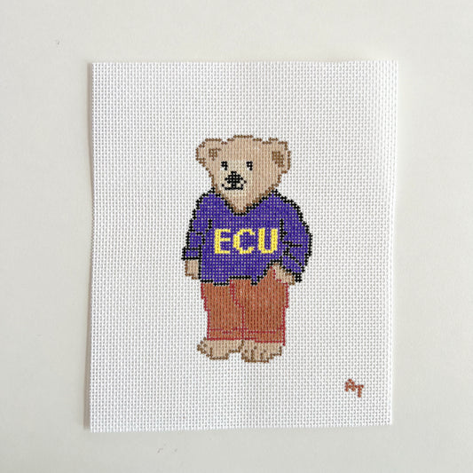 Eastern Purple and Yellow College Sweater Bear Needlepoint Canvas, 18 Mesh, 4.5" x2.5" Design Size