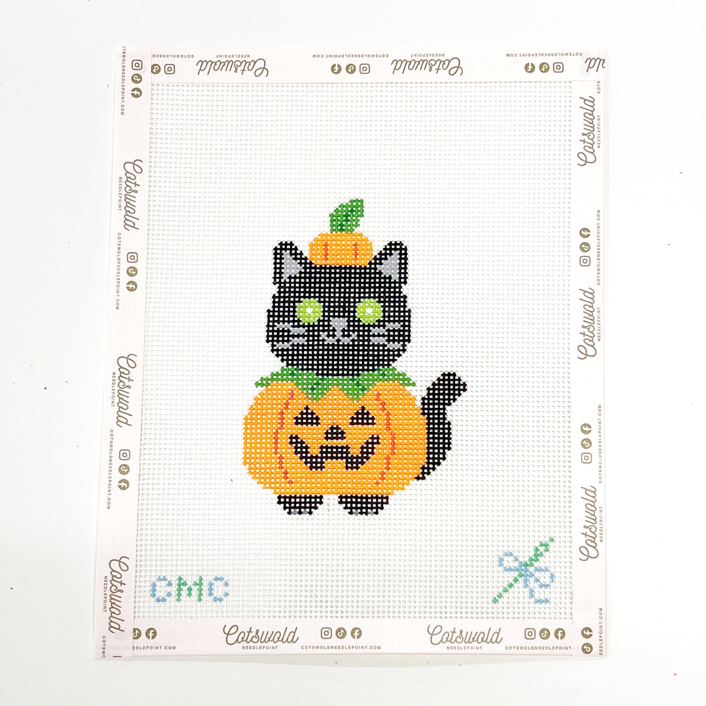 Black Cat in a Pumpkin Needlepoint Canvas, Halloween Needlepoint Canvas, 13 Mesh, 3x5 Design