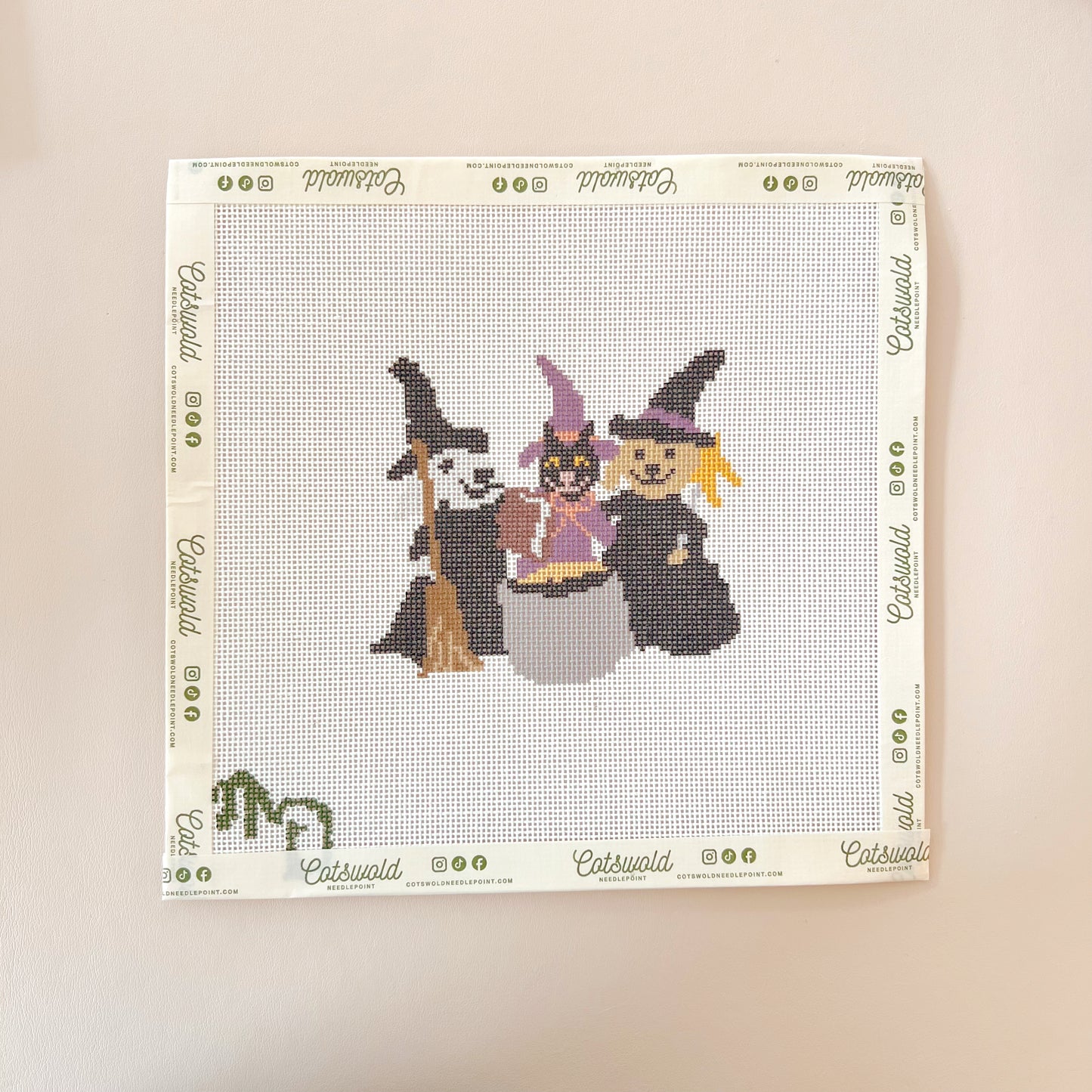 Three Little Witches Halloween Animals Needlepoint Canvas, 18 mesh
