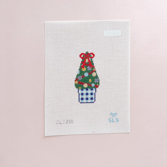 Christmas Tree with red Bow and Gingham Planter Needlepoint Canvas, 18 mesh, 3.6" x 1.7" Design Size