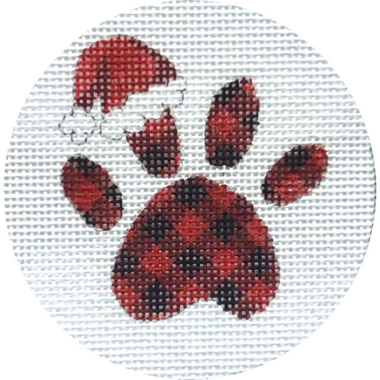 Plaid Dog Paw Needlepoint Canvas, Christmas Dog Ornament, 13 Mesh, 4" Round