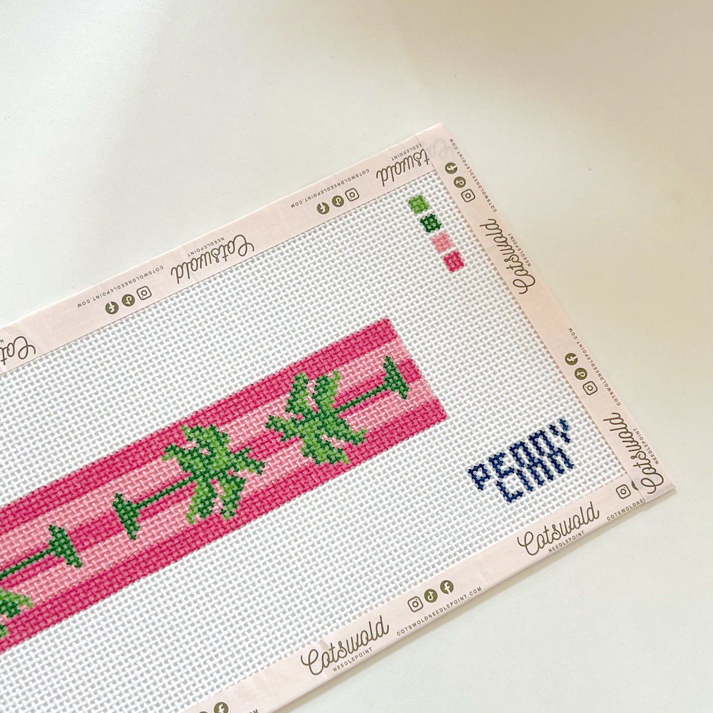 Pink Stripe Palm Tree Keychain Needlepoint Canvas, 13 Mesh, 1.5" x 9" Design Size