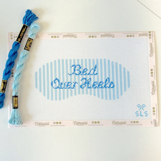 Bed Over Heels blue phrase needlepoint canvas on 13 mesh with coordinating blue threads
