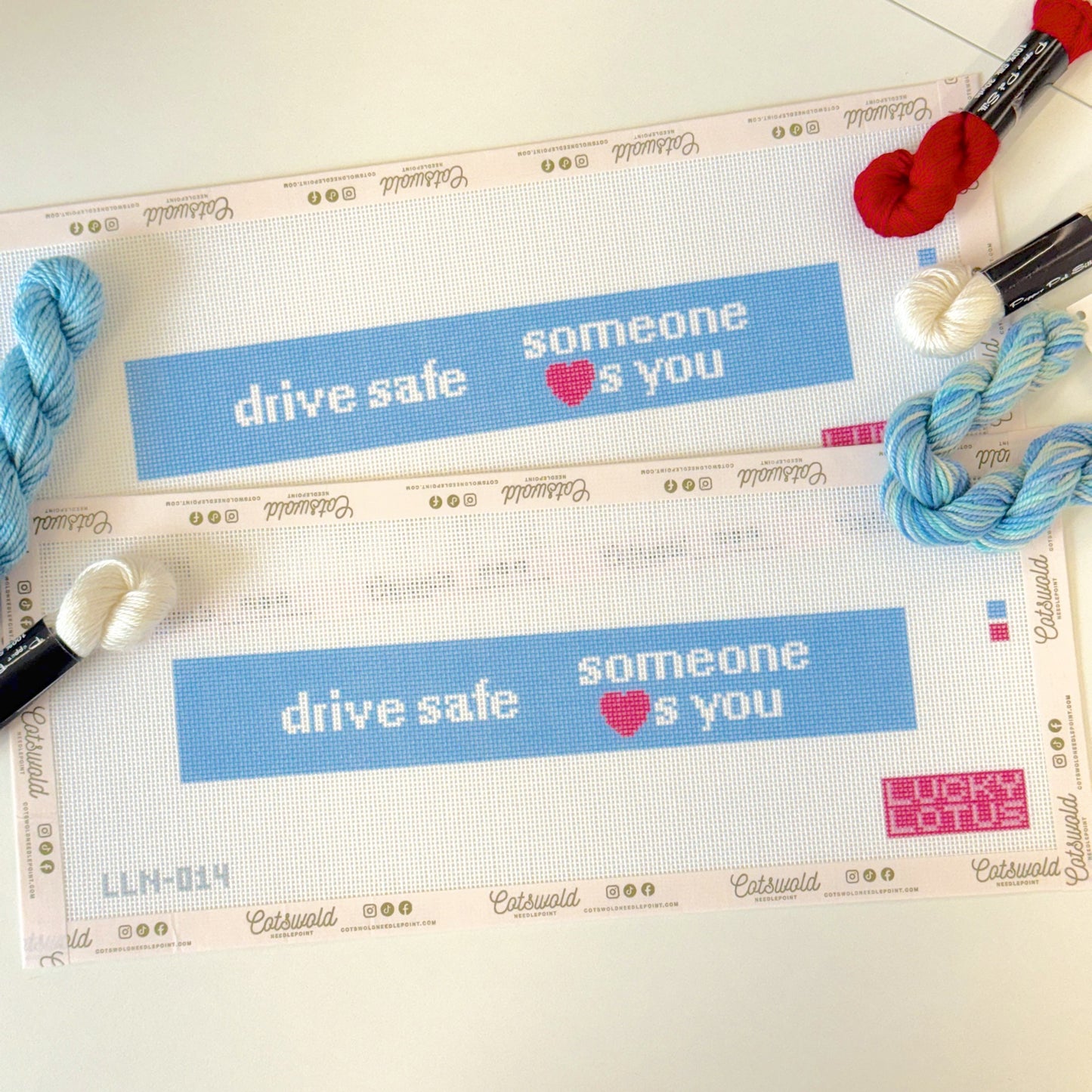 Drive Safe Someone Loves You needlepoint canvas styled with coordinating red white and blue threads
