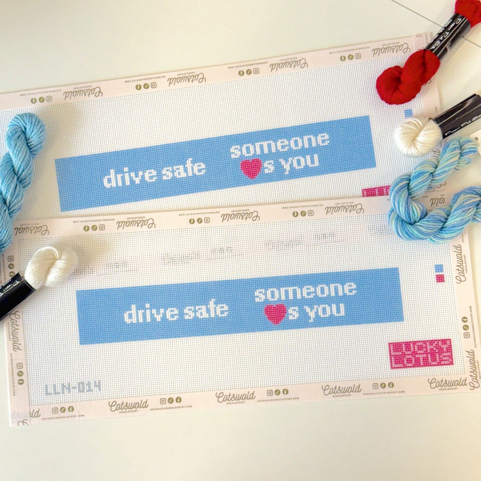 Drive Safe Someone Loves You needlepoint canvas styled with coordinating red white and blue threads