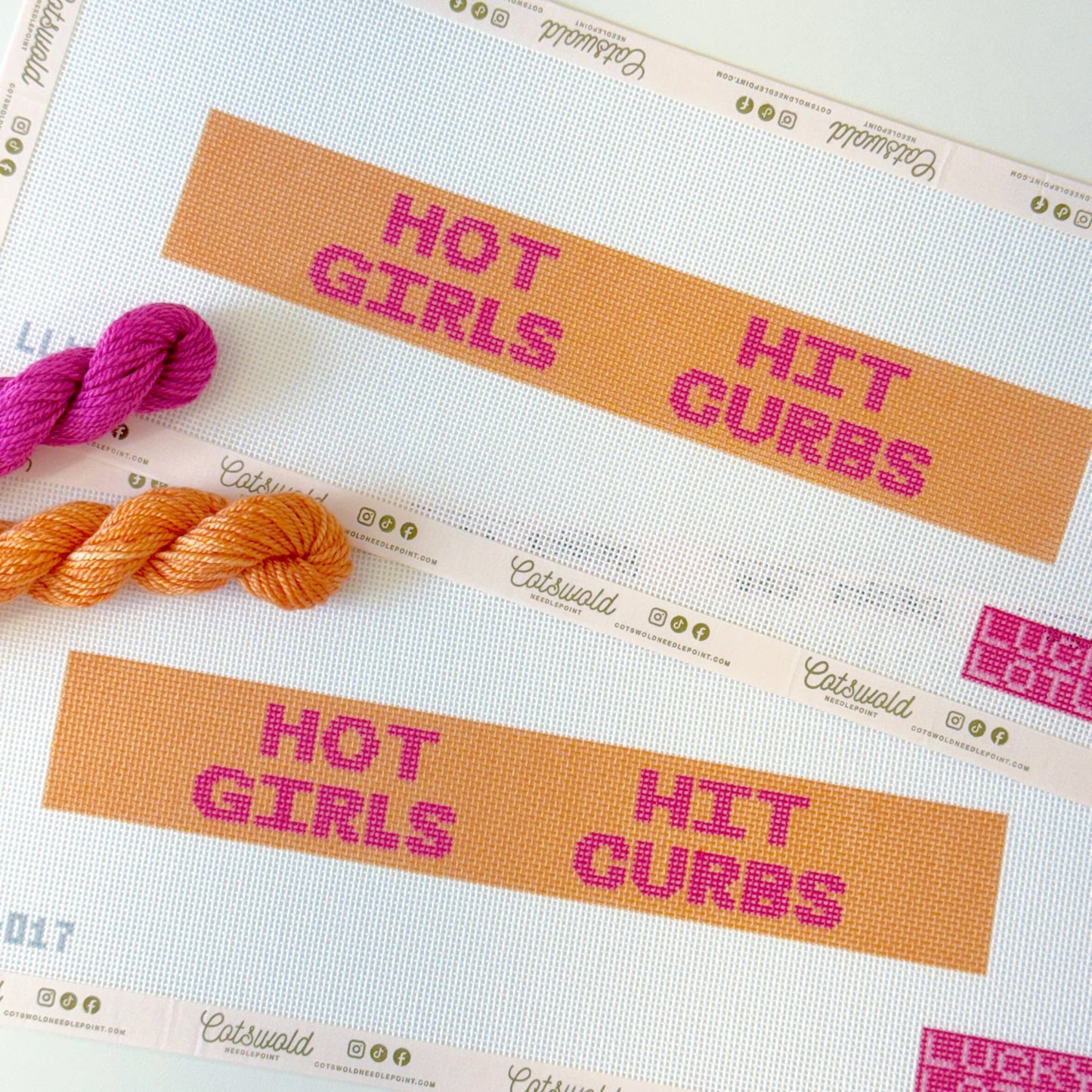 Hot Girls Hit Curbs funny needlepoint belt canvas with pink lettering on orange background