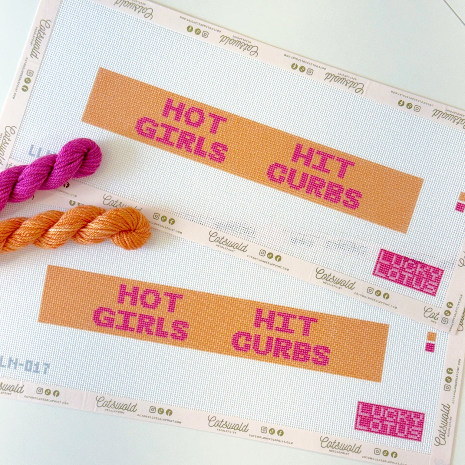 Hot Girls Hit Curbs needlepoint belt canvas product photo with pink and orange threads