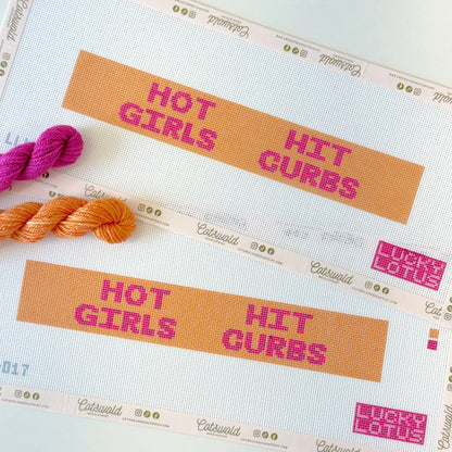 Close product photo of Hot Girls Hit Curbs orange and pink needlepoint belt canvas