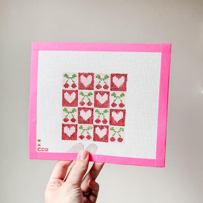 Cherry Checker Board 4” 13 Mesh Hand Painted Needlepoint Canvas, Aesthetic Needlepoint Canvas Modern