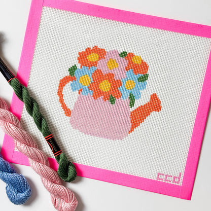 Flower Watering Can Spring Needlepoint Canvas 13 Mesh 5” Design, Spring Needlepoint Canvas modern Hand Painted
