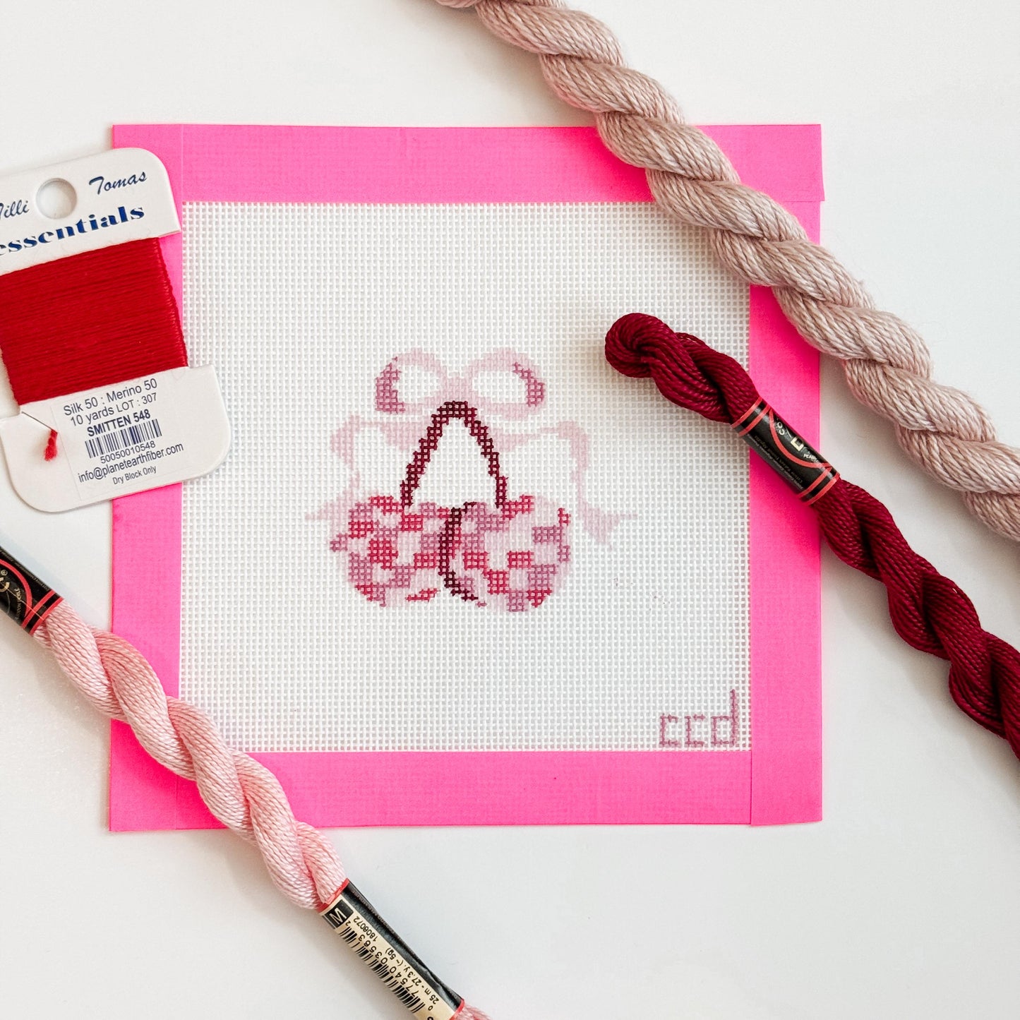 Disco Cherries Coquette Needlepoint Canvas Hand Painted, Cherry Bows 18 Mesh 3" Design Needlepoint Canvas, Modern Needlepoint Canvas