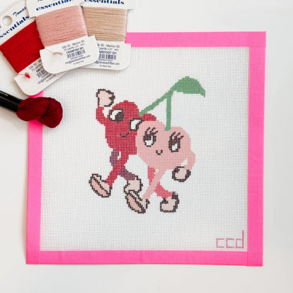 Retro Cherry Buddies Needlepoint Canvas Hand Painted, Cherry 18 Mesh 5" Design Needlepoint Canvas, Modern Needlepoint Canvas