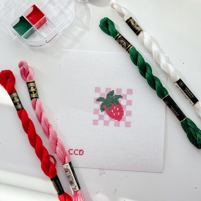 Hand Painted Strawberry Checkered 2” Needlepoint Canvas 18 Mesh Coquette Needlepoint Canvas Summer Hand Painted