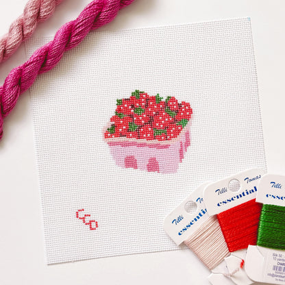 Strawberry Basket Needlepoint Canvas 18 Mesh 3” Design, Summer Strawberries Needlepoint Canvas modern Hand Painted