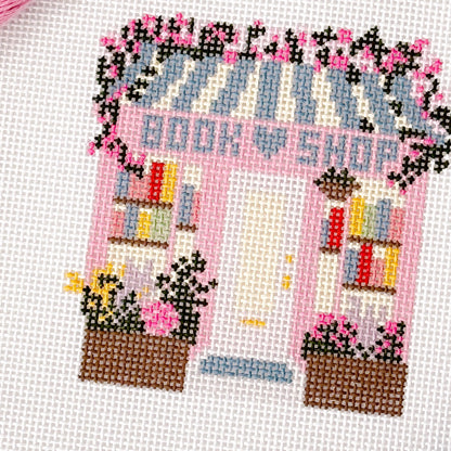 Ready to Ship Hand Painted Book Shop Storefront 6” Needlepoint Canvas 13 Mesh Reading Needlepoint Canvas Storefront Hand Painted