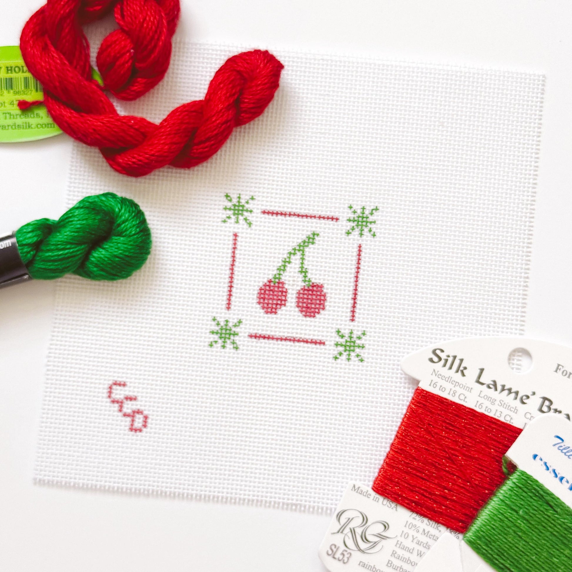 Mini Cherry Stamp Needlepoint Canvas | Hand-Painted 18 Mesh Canvas | Ready to Ship