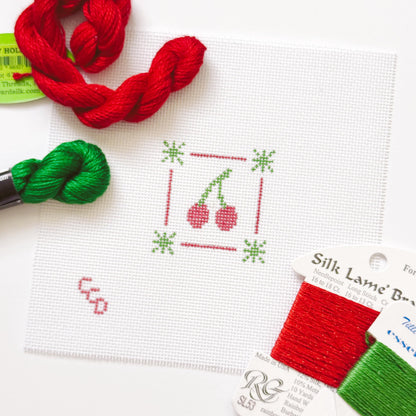 Mini Cherry Stamp Needlepoint Canvas | Hand-Painted 18 Mesh Canvas | Ready to Ship