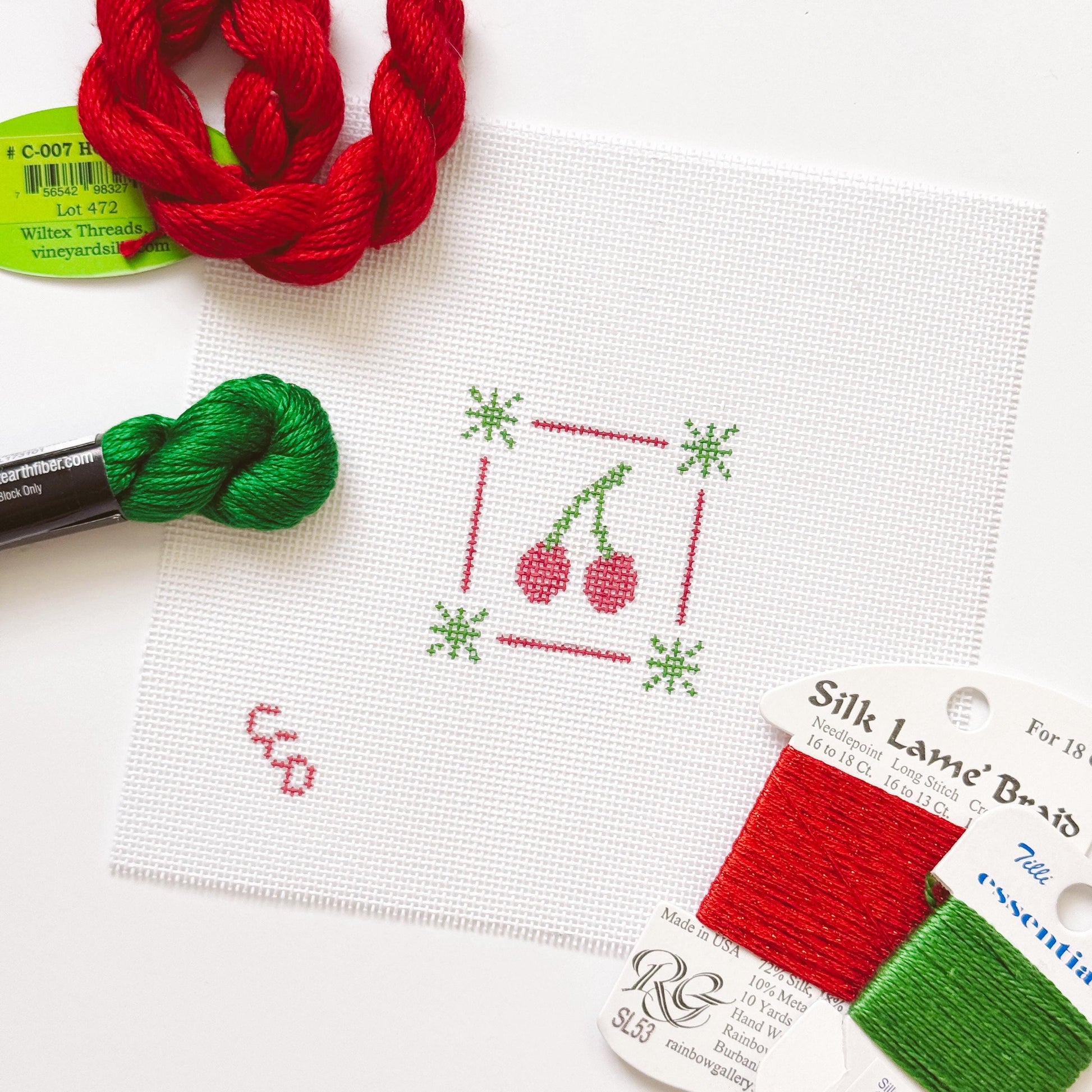Mini Cherry Stamp Needlepoint Canvas | Hand-Painted 18 Mesh Canvas | Ready to Ship