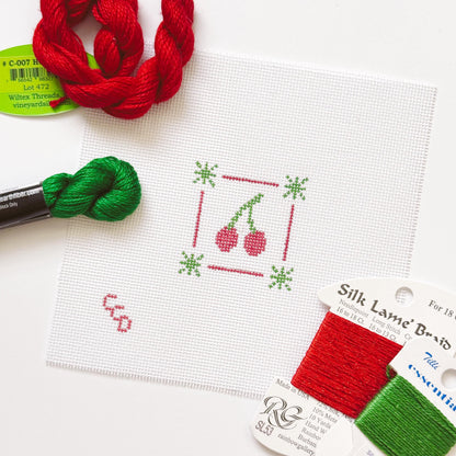 Mini Cherry Stamp Needlepoint Canvas | Hand-Painted 18 Mesh Canvas | Ready to Ship