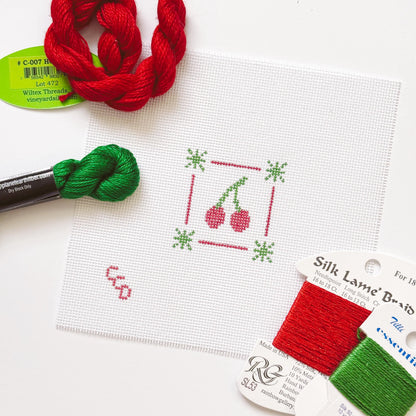 Mini Cherry Stamp Needlepoint Canvas | Hand-Painted 18 Mesh Canvas | Ready to Ship