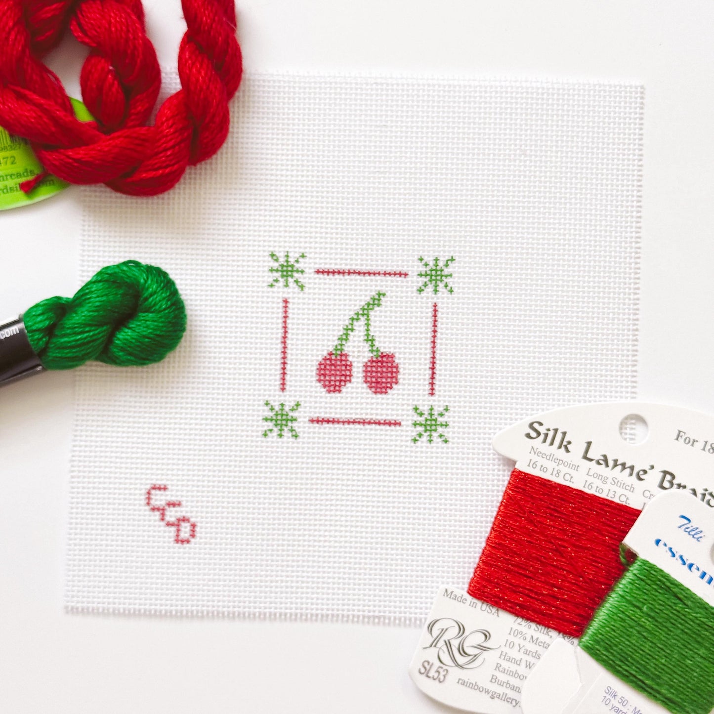 Mini Cherry Stamp Needlepoint Canvas | Hand-Painted 18 Mesh Canvas | Ready to Ship