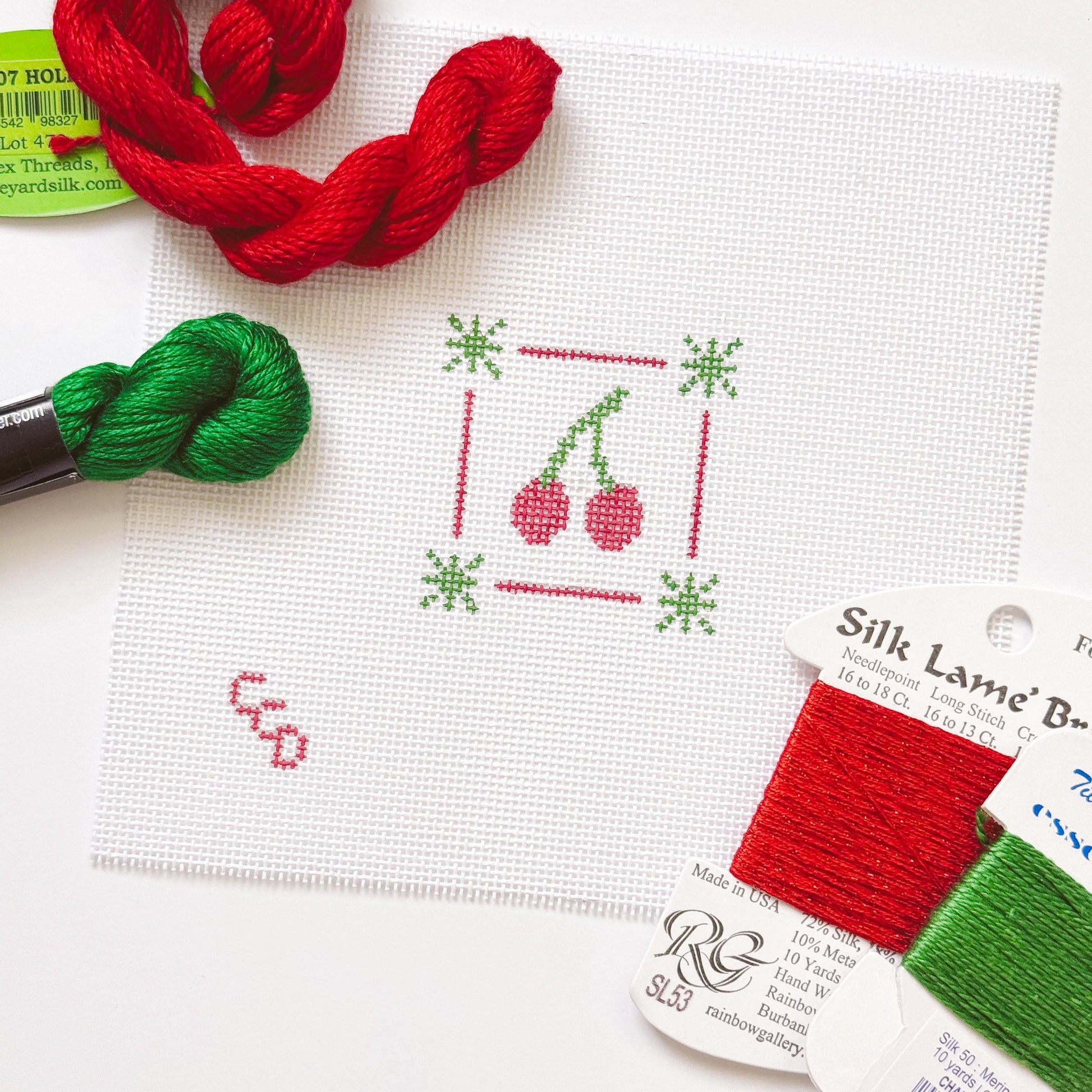 Mini Cherry Stamp Needlepoint Canvas | Hand-Painted 18 Mesh Canvas | Ready to Ship