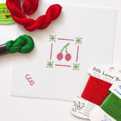 Mini Cherry Stamp Needlepoint Canvas | Hand-Painted 18 Mesh Canvas | Ready to Ship