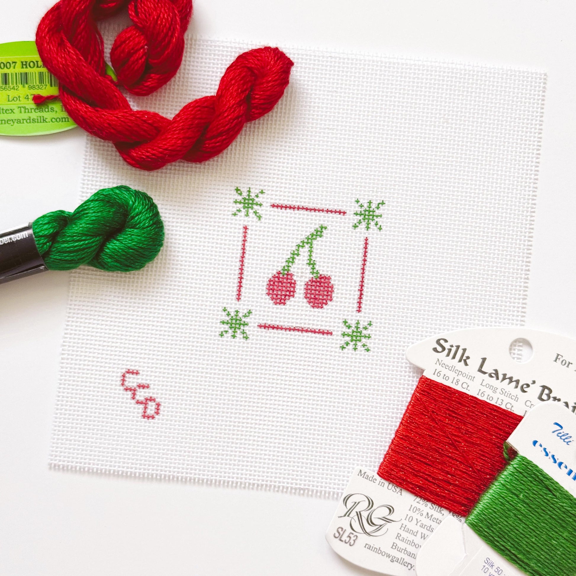 Mini Cherry Stamp Needlepoint Canvas | Hand-Painted 18 Mesh Canvas | Ready to Ship
