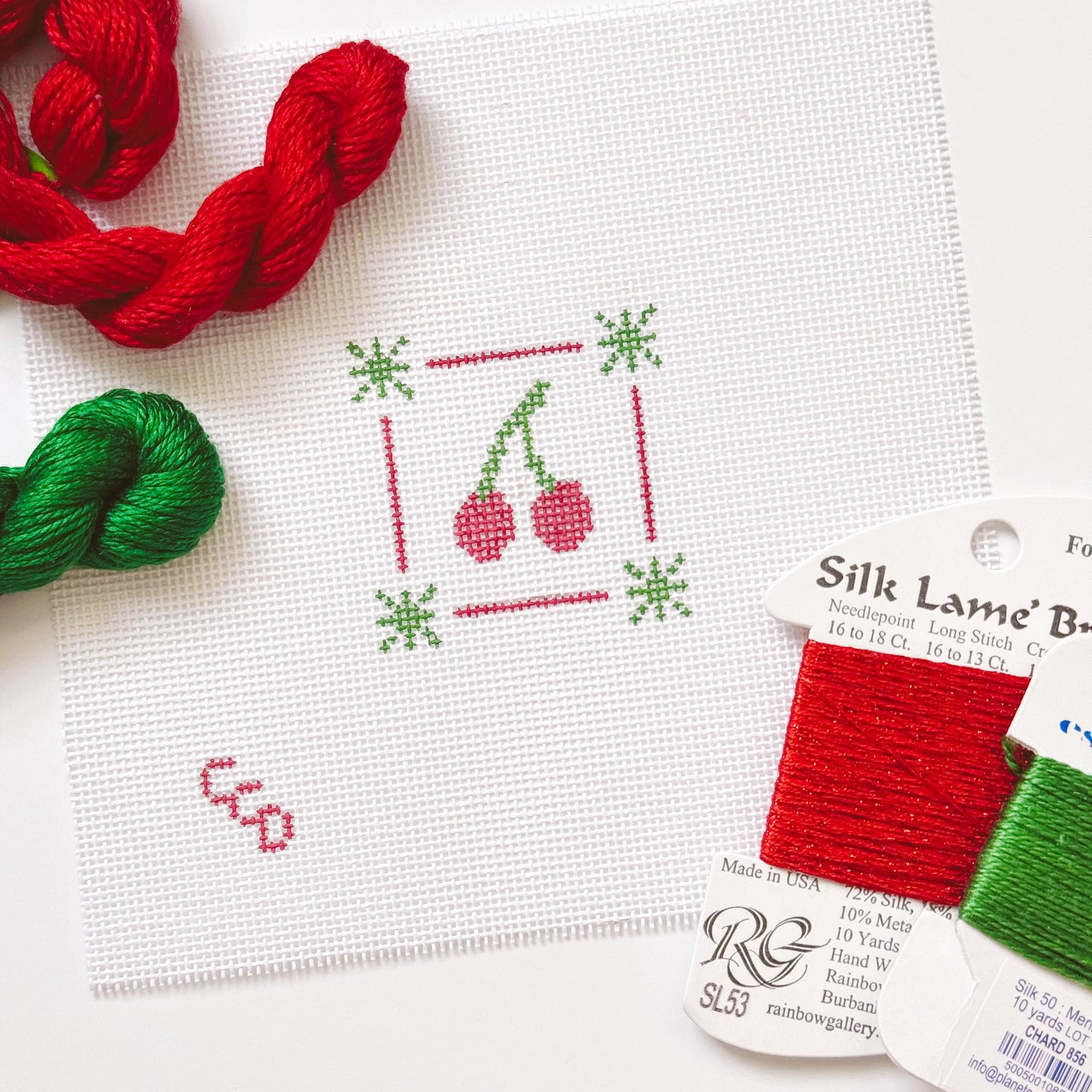 Mini Cherry Stamp Needlepoint Canvas | Hand-Painted 18 Mesh Canvas | Ready to Ship